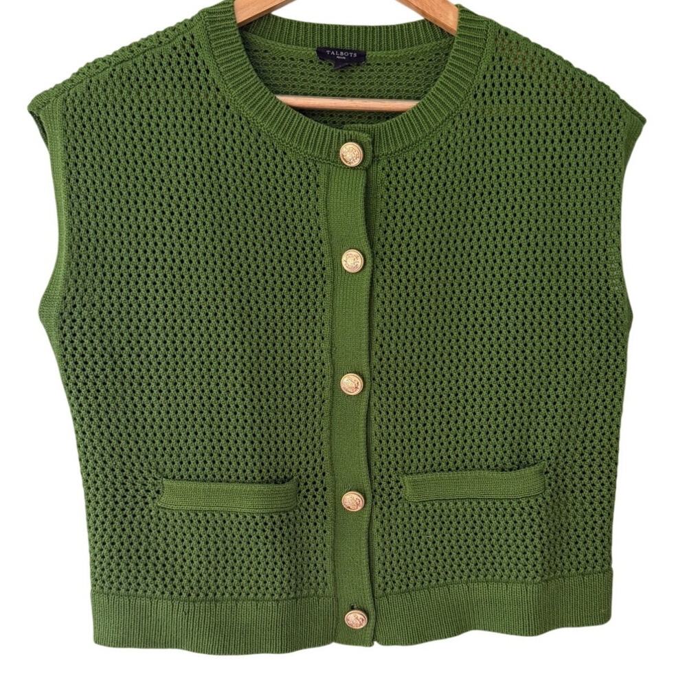 Talbots Petite Green Knit Sweater Vest Small Gold Crest Buttons Pockets